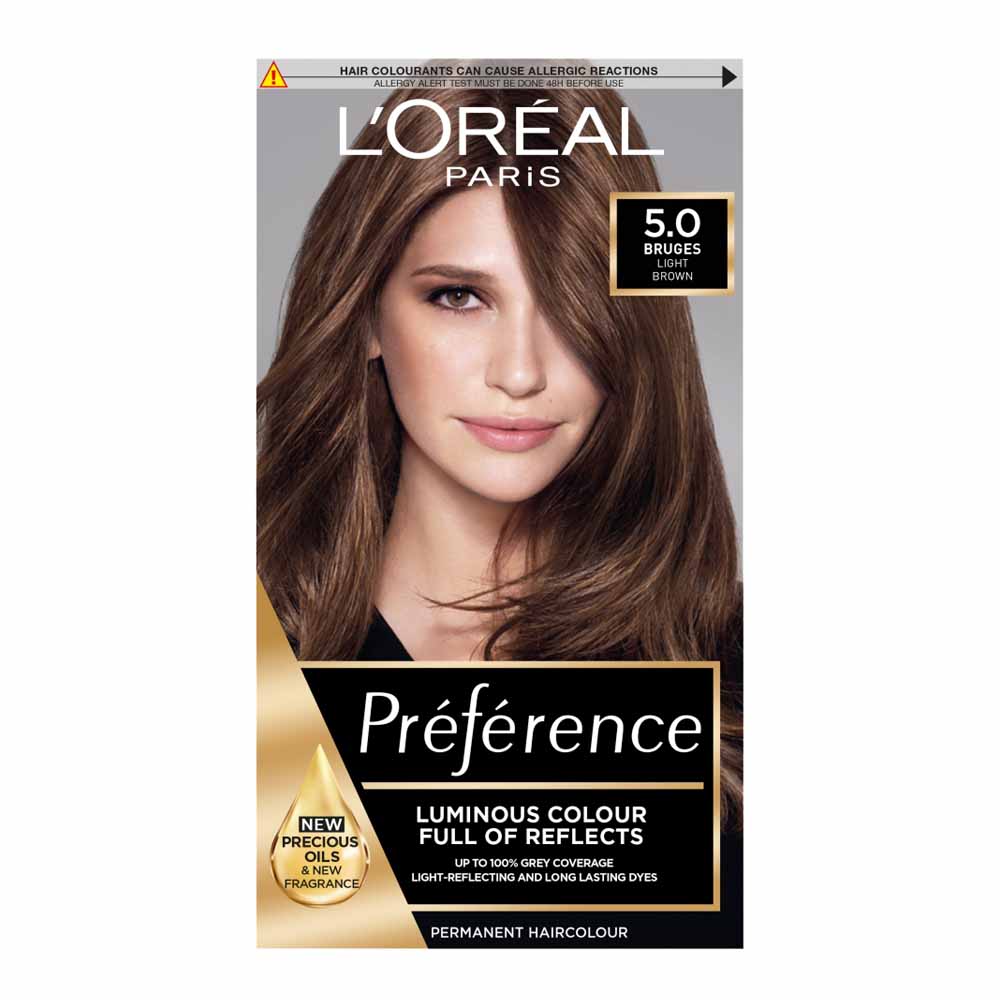 L'Oreal Paris Preference Infinia Palma 5 Hair Dye Natural Light Brown  - wilko L'Oreal preference 5.0 bruges light brown permanent hair dye provides intense natural colour with permanent results. The translucent gel formula with new precious oil drop intensifies the natural tones of your hair colour, providing up to 100% grey coverage. The new floral fragrance delivers an improved sensorial experience during the application. Use the supplied shine protect conditioner that is enriched with a UV filter and vitamin E weekly to help preserve the shine of your coloured hair. Pack contains 1x each 48ml cream colourant, 72ml developer creme, 54ml conditioner, 4.4ml shine elixir and pair professional gloves. Permanent colour. One application. Warning! Hair colourants can cause severe allergic reactions. Keep out of reach of children. For external use only. Always read instructions carefully before use. Contains phenylenediamines, hydrogen peroxide and ammonia.