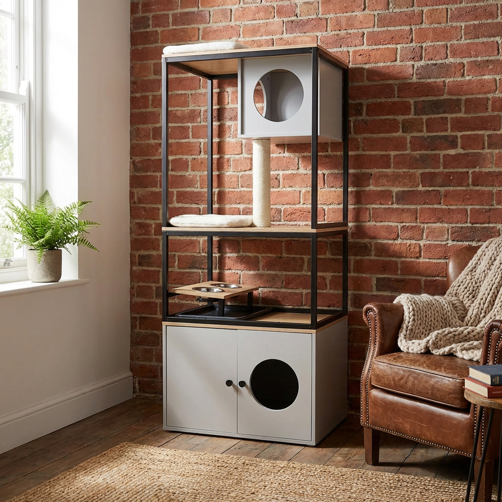 All in One Cat Tower White and Natural Image 4