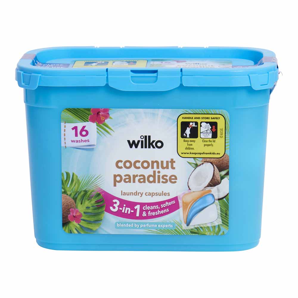 Wilko 3 in 1 Coconut Laundry Capsules 16 Washes Image 1