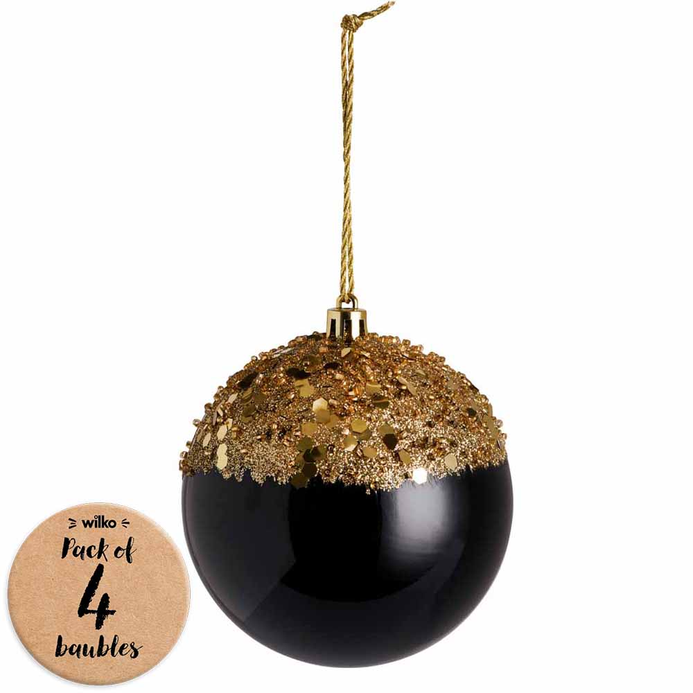 Wilko Luxe Black Glitter and Beads Topped Christmas  Bauble 10cm 4 Pack Image 1