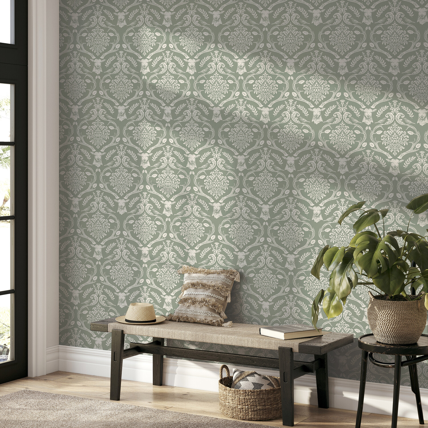 Stag Damask Sage Green Wallpaper - Sage Green Image 3