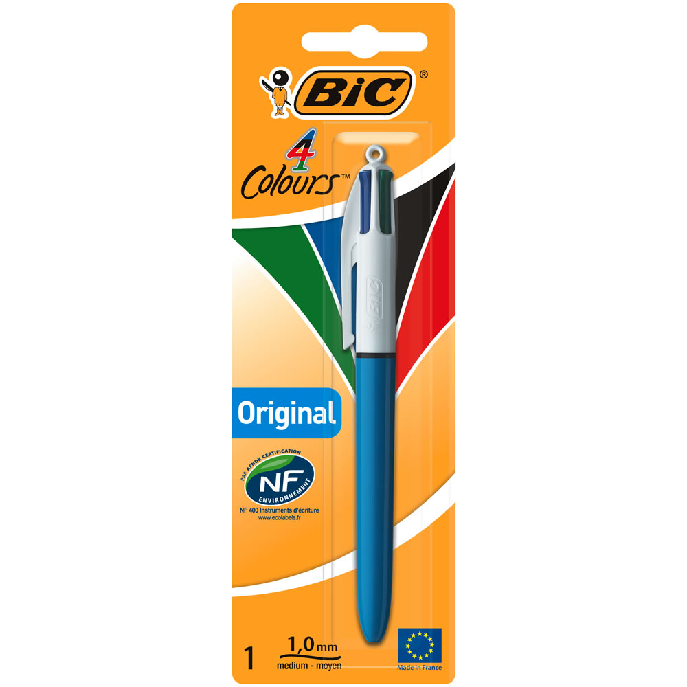 Bic 4 Colours Original Ballpoint Pen  - wilko 4 Colours Original is a versatile retractable ballpoint with four ink colours, making it the ultimate pen to keep yourself organised, take notes and prepare for presentations. The wide, round, blue barrel contains 4 retractable 1.0mm points, each with a different colour of ink inside. You can choose between blue, black, red and green, allowing you to easily colour-code your work. Ready to use in a handy blister pack of one, this pen is ideal for ensuring your stationery set or pencil case has the right writing instrument for any occasion.