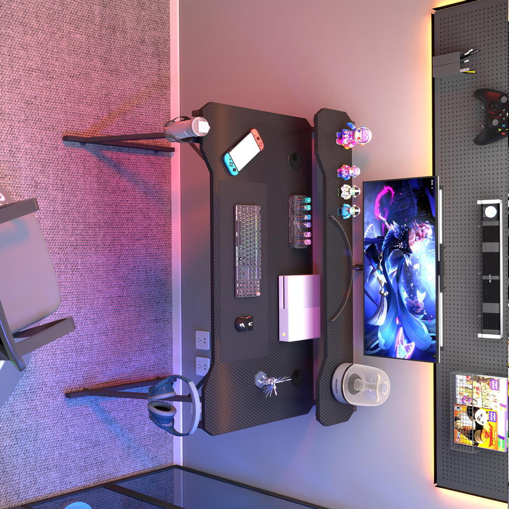 House of Home Carbon Fibre Top Computer Gaming Desk with Monitor Stand Black Image 3