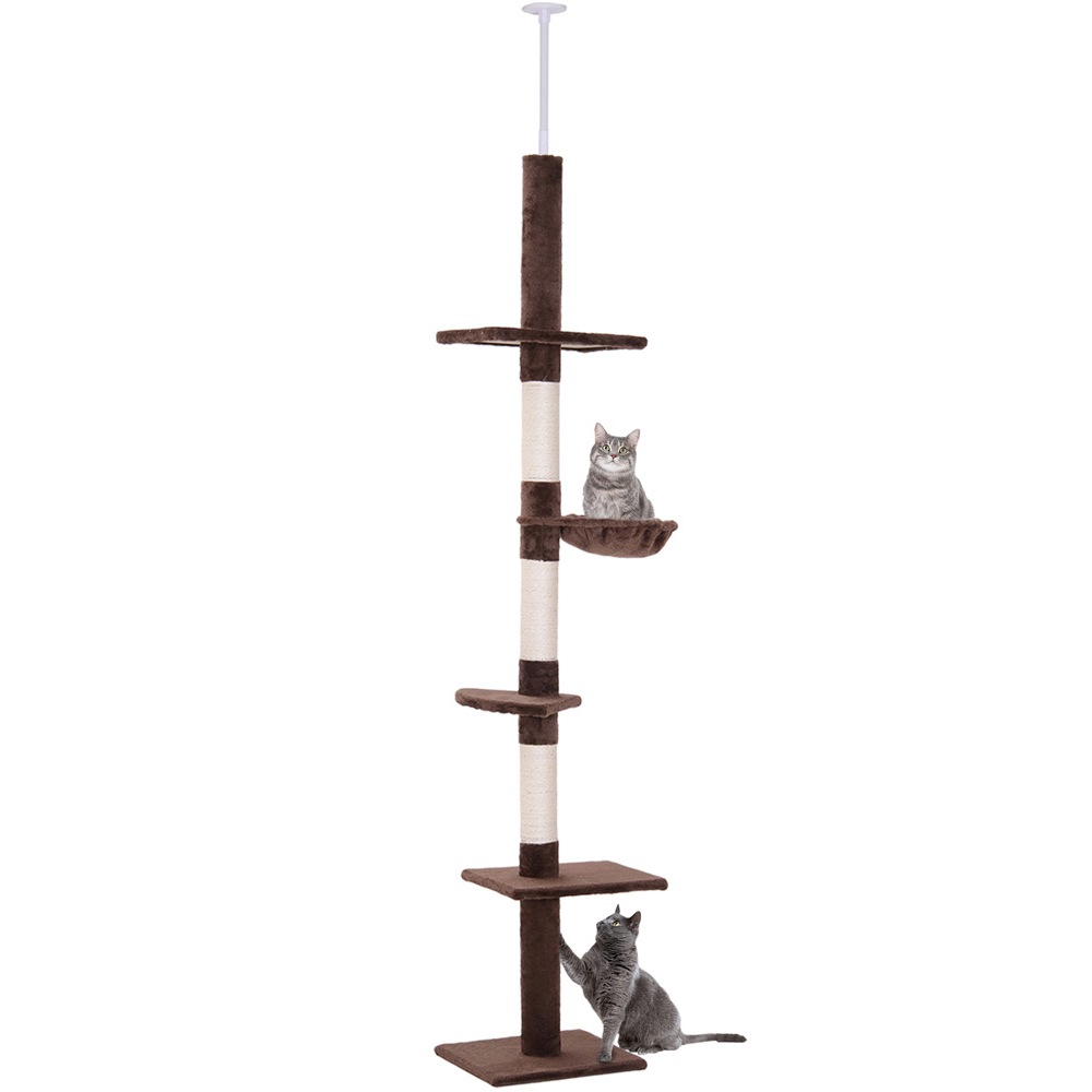PawHut 5 Tier Brown and White Floor to Ceiling Cat Tree Image 1