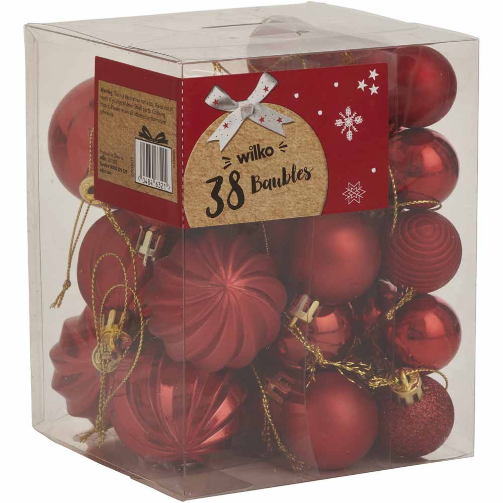 Wilko Traditional Assorted Red Mini Christmas Baubles 38 Pack Image 3