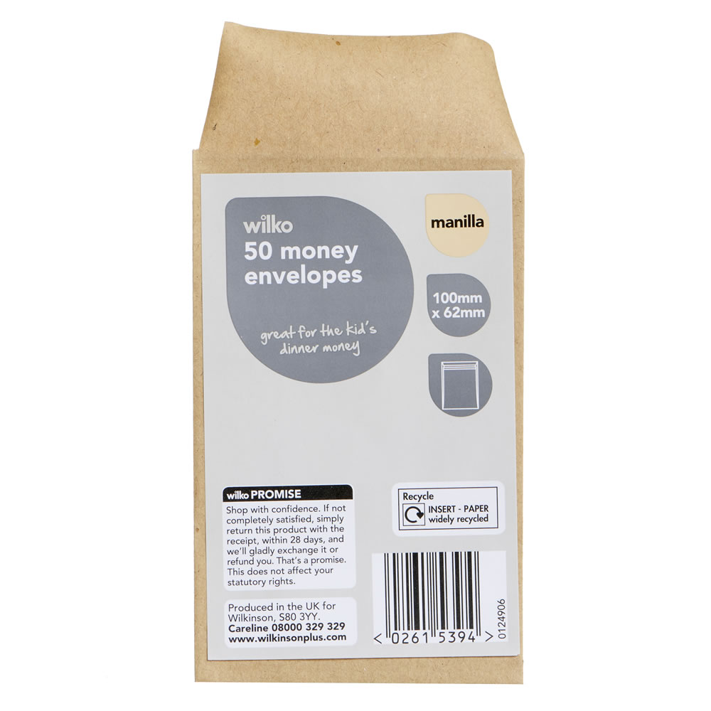 Wilko Manilla Money Envelopes 101 x 76mm 50 pack Paper