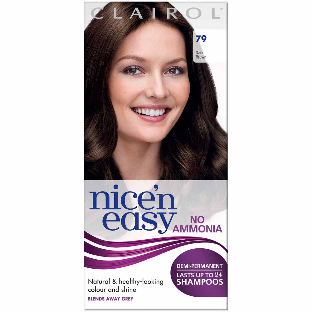 Clairol Nice'n Easy Dark Brown 79 Non-Permanent Hair Dye  - wilko Gently blends away grey. Perfect for first time colourers. Non permanent. Keep out of  reach of children. For external use only.Contains hydrogen  peroxide.  Warning  Hair colourants  can cause severe allergic reactions. Always read label.Warning! Hair colorants can cause severe  allergic reactions. Keep out  of reach of  children. For external use only.  Always read instructions carefully before use.  Not suitable for use by  children under 16 years. Clairol Nice'n Easy Dark Brown 79 Non-Permanent Hair Dye