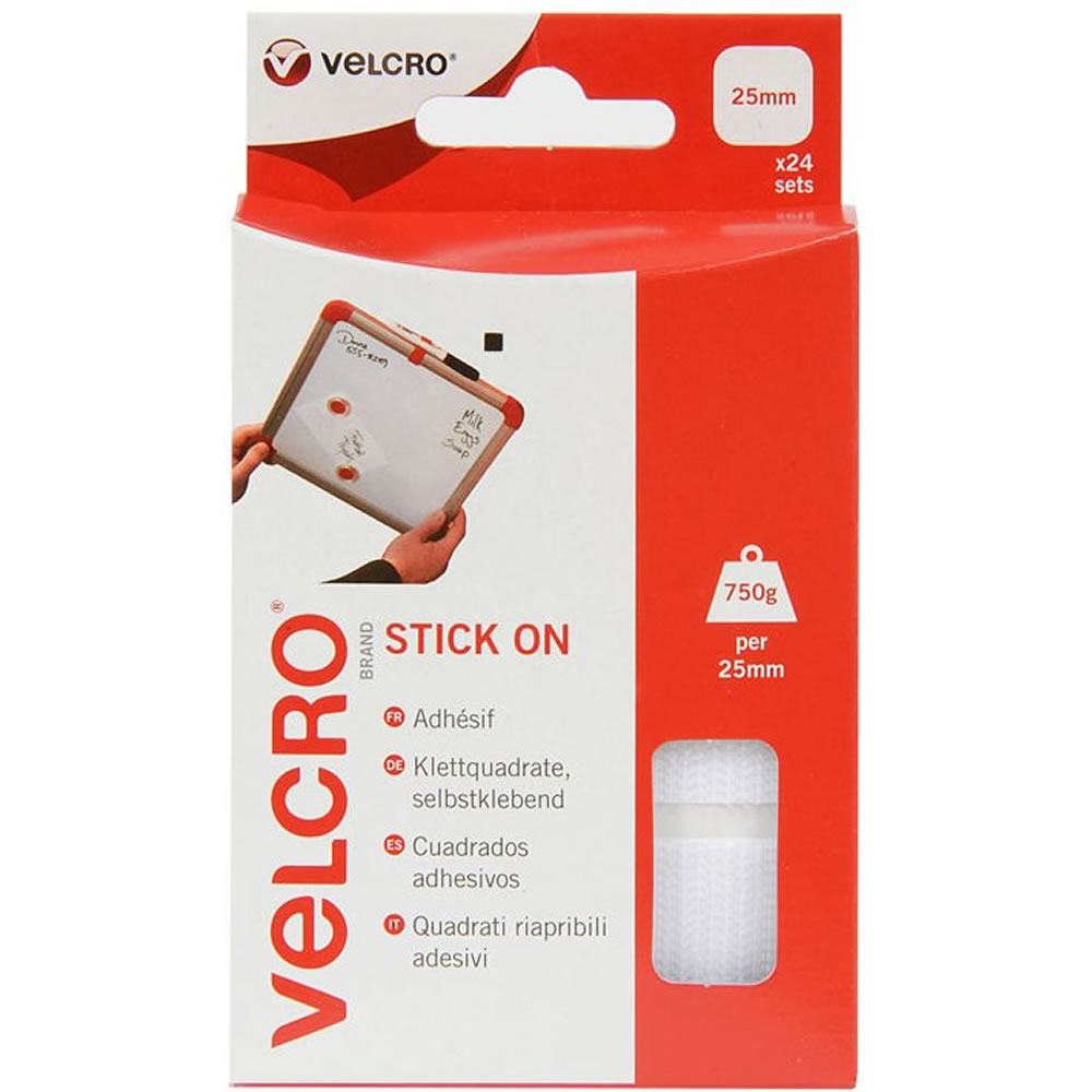 Velcro 25 x 25mm White Stick On Squares 24 pack Image 1