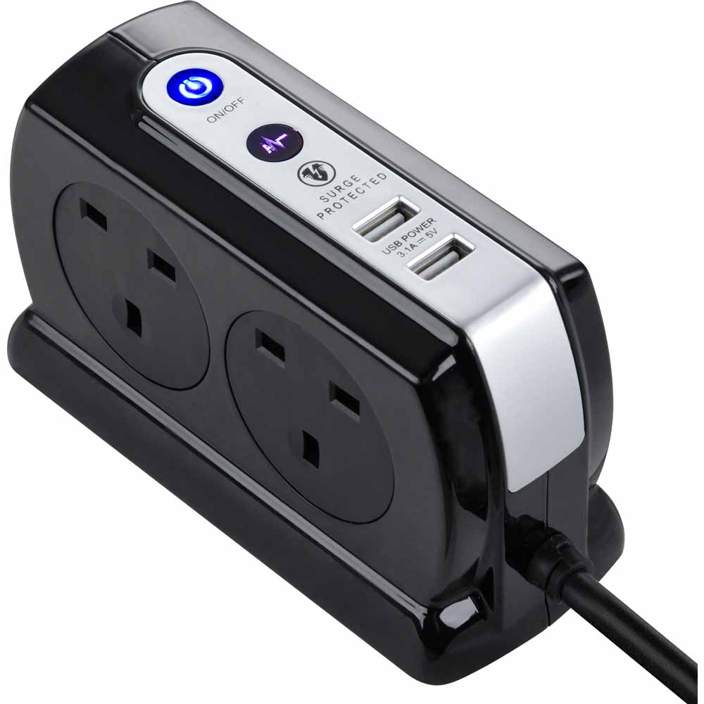 Masterplug 4 Gang 2m Compact Switch Surge USB Extension Lead Black Wilko