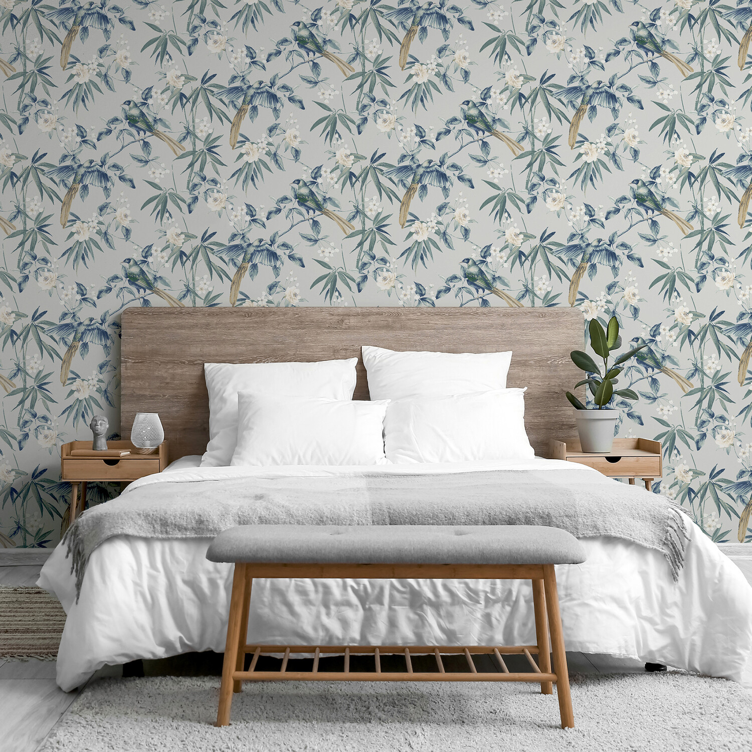 Oriental Floral Birds Wallpaper - Grey Blue Image 4