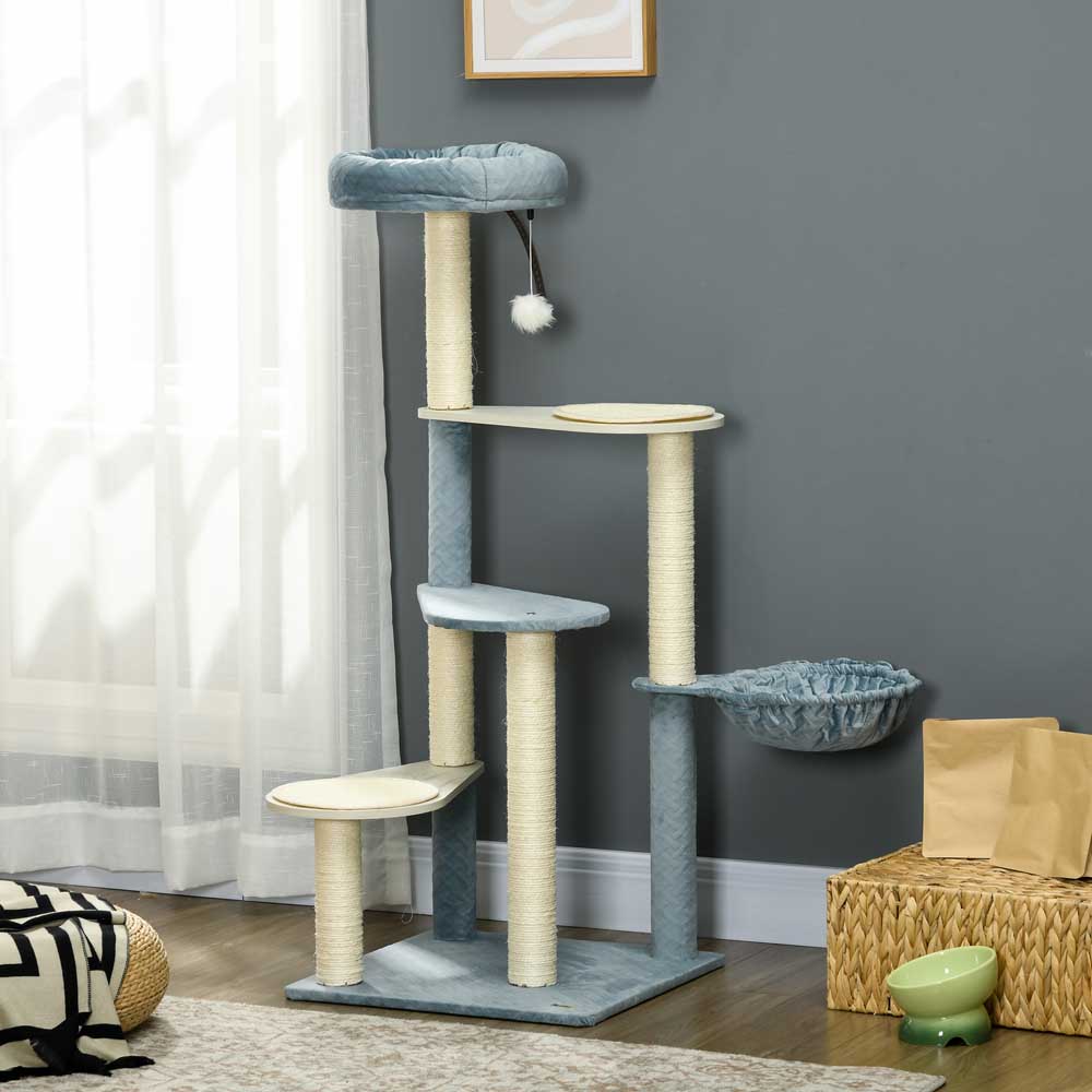 PawHut Blue Wooden Cat Tree Climbing Tower with Scratching Post Image 2