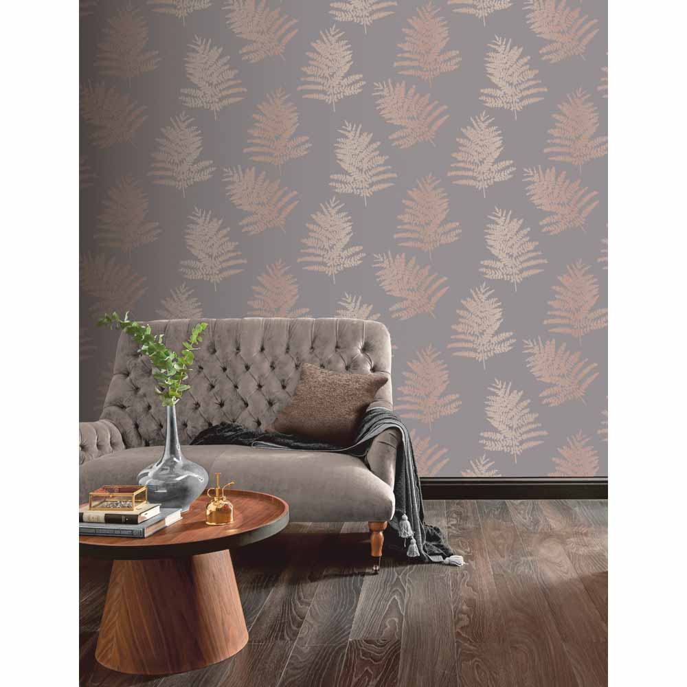 Arthouse Opera Fern Trees Charcoal/Rose Gold Metallic Wallpaper Image 2