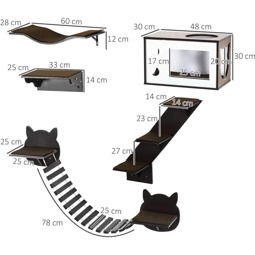 PawHut 5 Piece Cat Wall Shelves, Wall-Mounted Cat Tree for Indoor Use - Brown Image 9