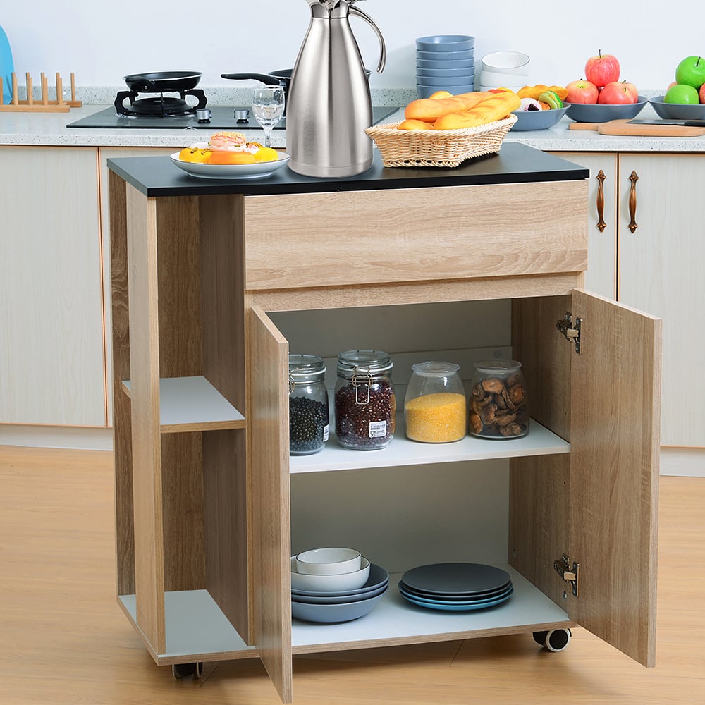 Portland Black and Oak Rolling Kitchen Trolley Serving Cart Image 8