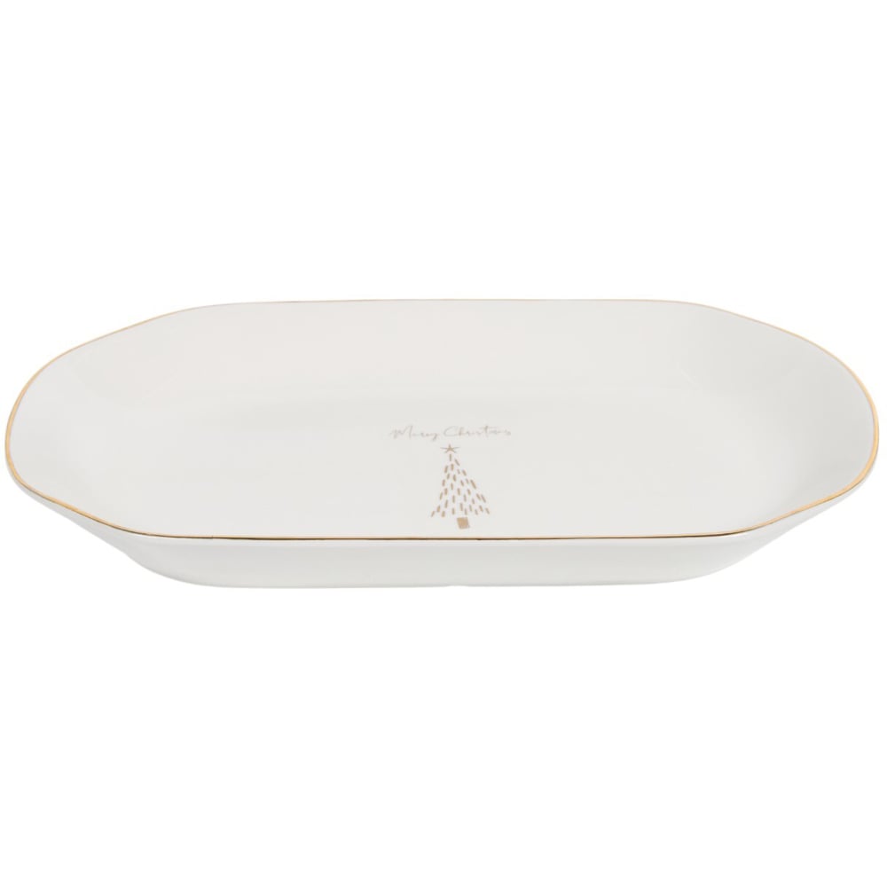 Golden Christmas Tree Oval Platter White and Gold Image 1