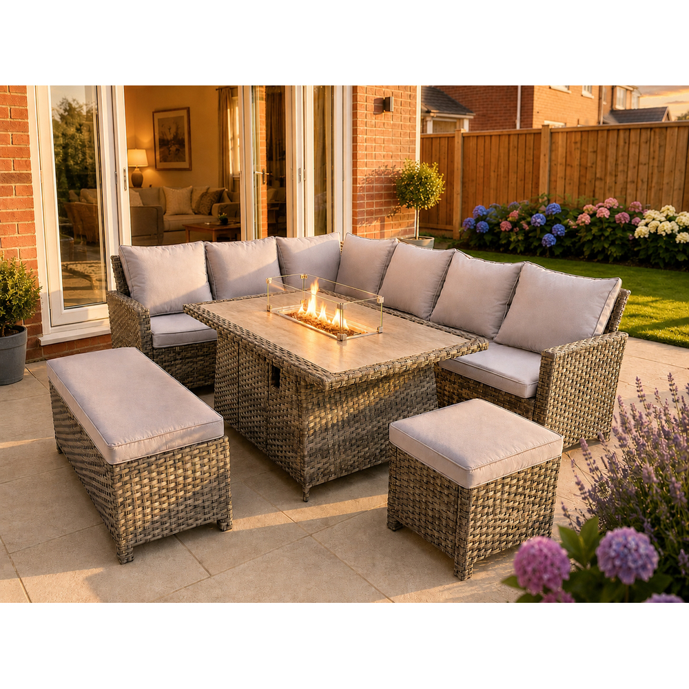 Outdoor Living The Maldives Rattan 9 Seater Gas Firepit Corner Dining Set Grey Image 3
