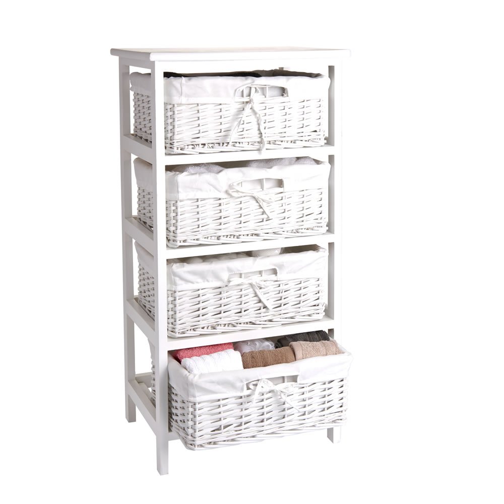 4 Drawer Wicker Storage Unit Basket Drawer White Wood Organiser Bathroom Bedroom 