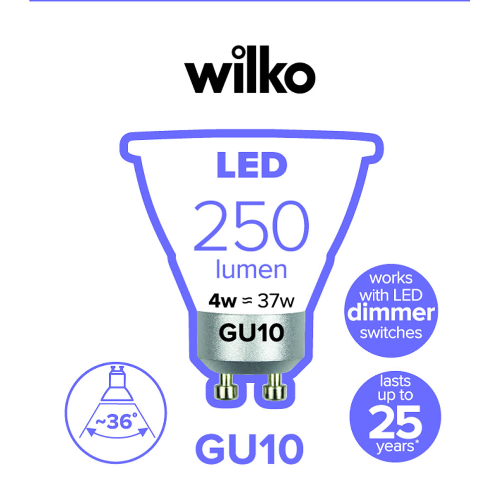 Wilko 1 pack GU10 LED 4W 250 Lumens Dimmable Light Bulb Image 2