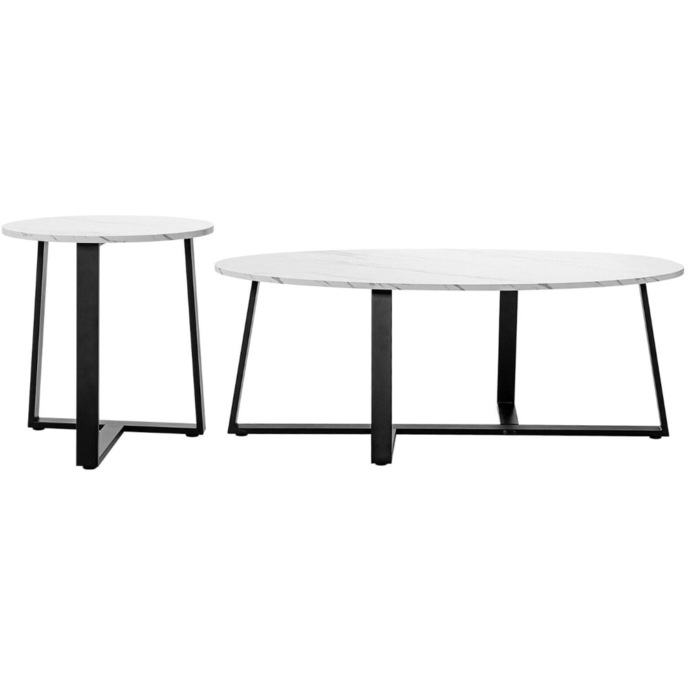 Costway White Faux Marble Oval and Round Coffee Table Set of 2 Image 2