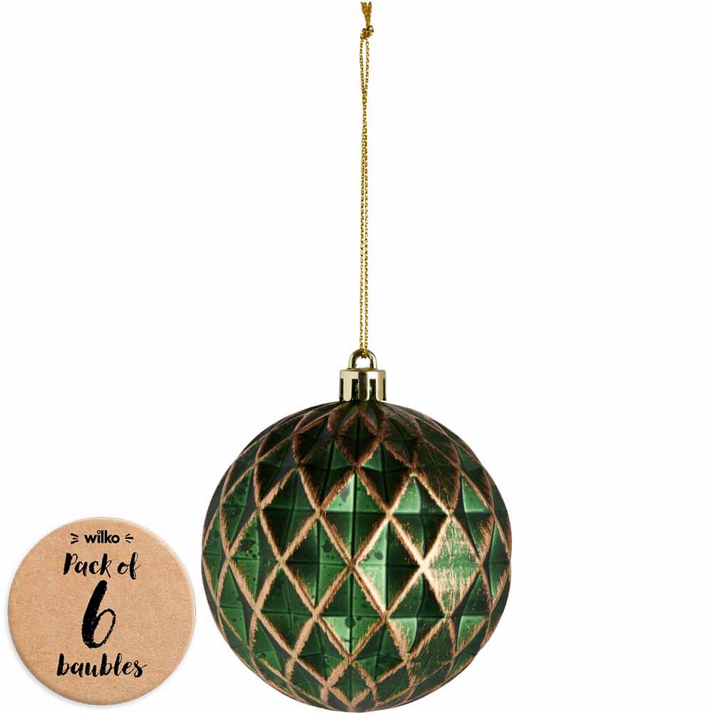 Wilko Cosy Green Distressed Facetted Christmas Baubles 6 Pack Image 1
