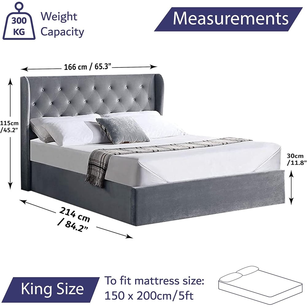 Home Treats King Size Grey Velvet Winged Headboard Ottoman Bed Frame Image 6