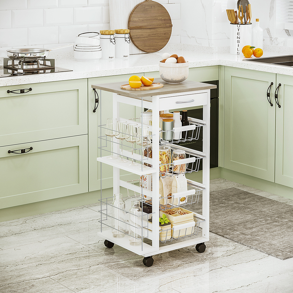 Portland White and Wood Rolling Kitchen Storage Cart Image 2