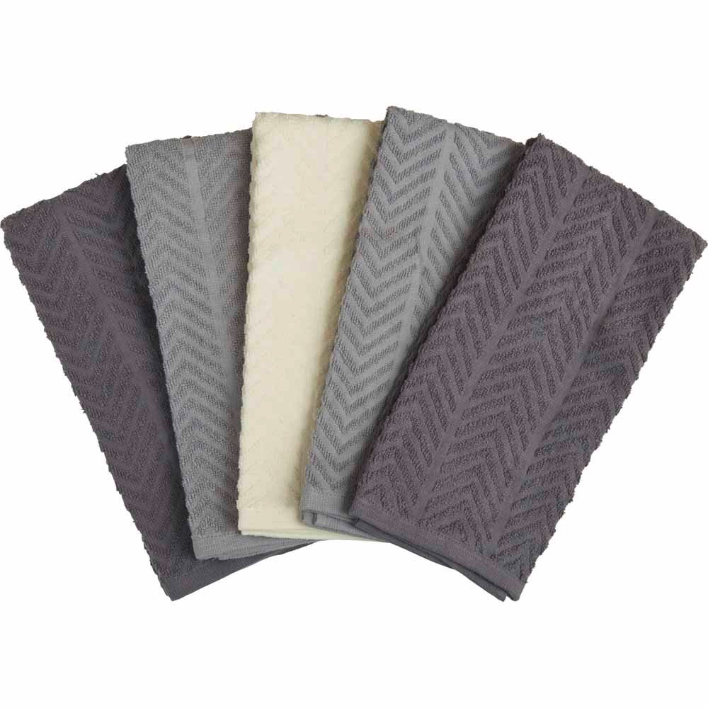 Wilko Grey and Cream Tea Towel 5 Pack Image 2