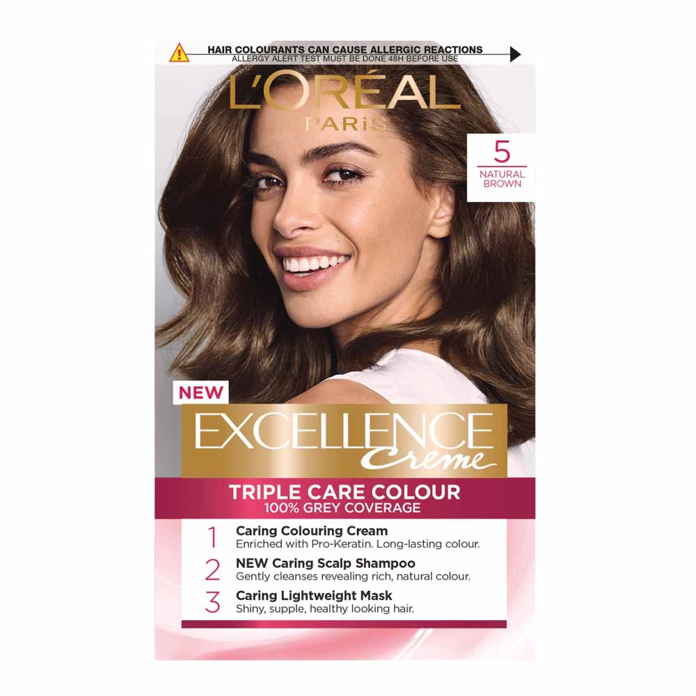 L'Oreal Paris Excellence Creme 5 Natural Brown Permanent Hair Dye  - wilko L'Oreal Paris Excellence Creme provides an advanced triple care creme colour enriched with 3 ingredients. Pro-Keratin revitalises colour and hair feels stronger. Enriched with Ceramide, hair feels smoother and protected whilst collagen leaves hair feeling replenished. Enjoy 85% less breakage from brushing, 100% grey coverage and silky softness with a rich, long-lasting colour. The non-drip crème is so easy to work through your hair. Pack contains: 1 Protective Serum 12 ml, 1 Crème Developer 72 ml, 1 Crème Colourant 48 ml, 1 Comb Applicator, 1 Conditioning Balm 44 ml, 1 Instruction Leaflet and 1 Pair of Professional Quality Gloves. Shade: 5 Natural Brown Warning:Hair colourants can cause severe allergic reactions. Always conduct an allergy test 48 hours before use. Keep out of reach of children. Read instructions fully before use.