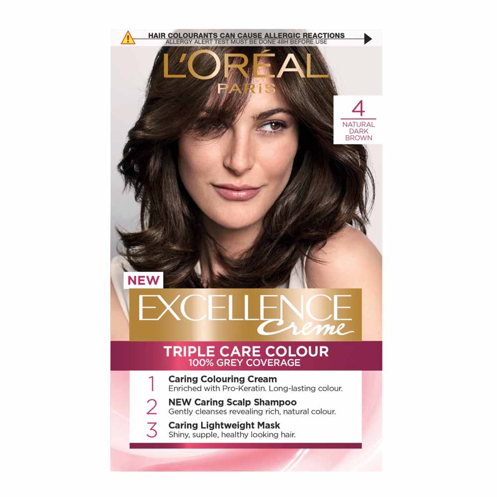 L'Oreal Paris Excellence Creme 4 Natural Dark Brown Permanent Hair Dye  - wilko L'Oreal Paris Excellence Creme provides an advanced triple care creme colour enriched with 3 ingredients. Pro-Keratin revitalises colour and hair feels stronger. Enriched with Ceramide, hair feels smoother and protected whilst collagen leaves hair feeling replenished. Enjoy 85% less breakage from brushing, 100% grey coverage and silky softness with a rich, long-lasting colour. The non-drip crème is so easy to work through your hair. Pack contains: 1 Protective Serum 12 ml, 1 Crème Developer 72 ml, 1 Crème Colourant 48 ml, 1 Comb Applicator, 1 Conditioning Balm 44 ml, 1 Instruction Leaflet and 1 Pair of Professional Quality Gloves. Shade: 4 Natural Dark Brown Warning:Hair colourants can cause severe allergic reactions. Always conduct an allergy test 48 hours before use. Keep out of reach of children. Read instructions fully before use.