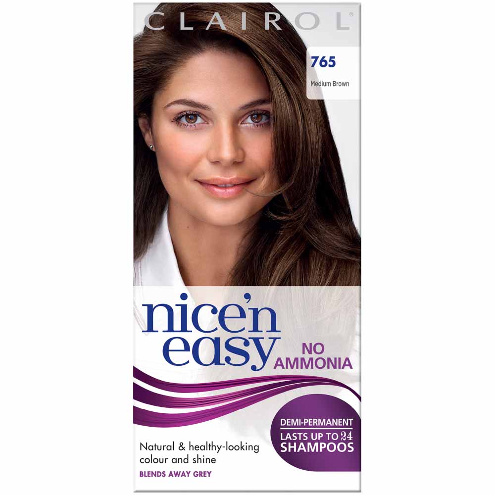 Clairol Nice'n Easy Medium Brown 765 Non-Permanent  Hair Dye  - wilko Completely blends away greys in just 15 minutes. Non        permanent.Keep out of reach of children. For external use   only. Contains hydrogen peroxide.  Warning! Hair colourants  can cause severe allergic reactions. Always read label.Warning! Hair colorants can cause severe allergic reactions. Keep out  of  reach of children. For external use only.  Always read instructions carefully before use.  Not suitable for use by children under 16 years. Clairol Nice'n Easy Medium Brown 765 Non-Permanent  Hair Dye