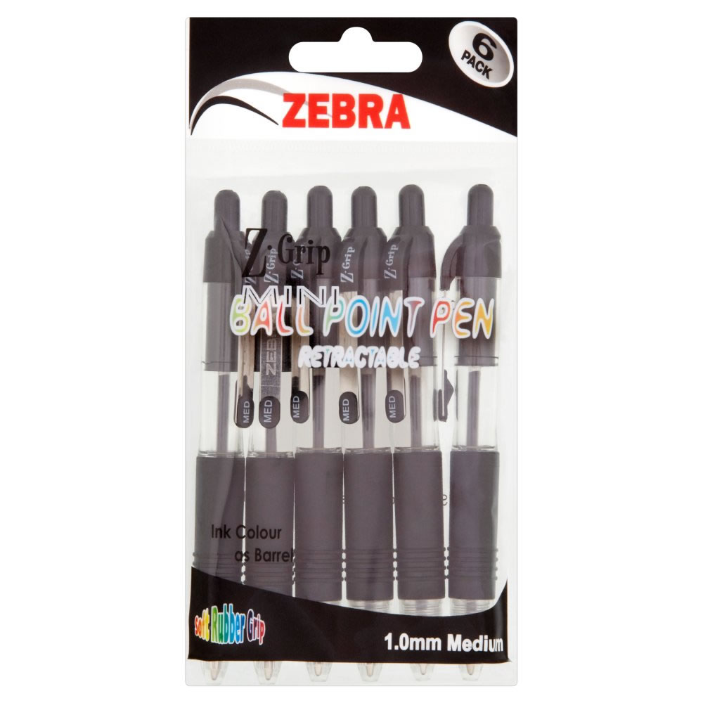 Zebra Medium Black Z-Grip Mini Retractable Ball Point Pens 6 pack Image