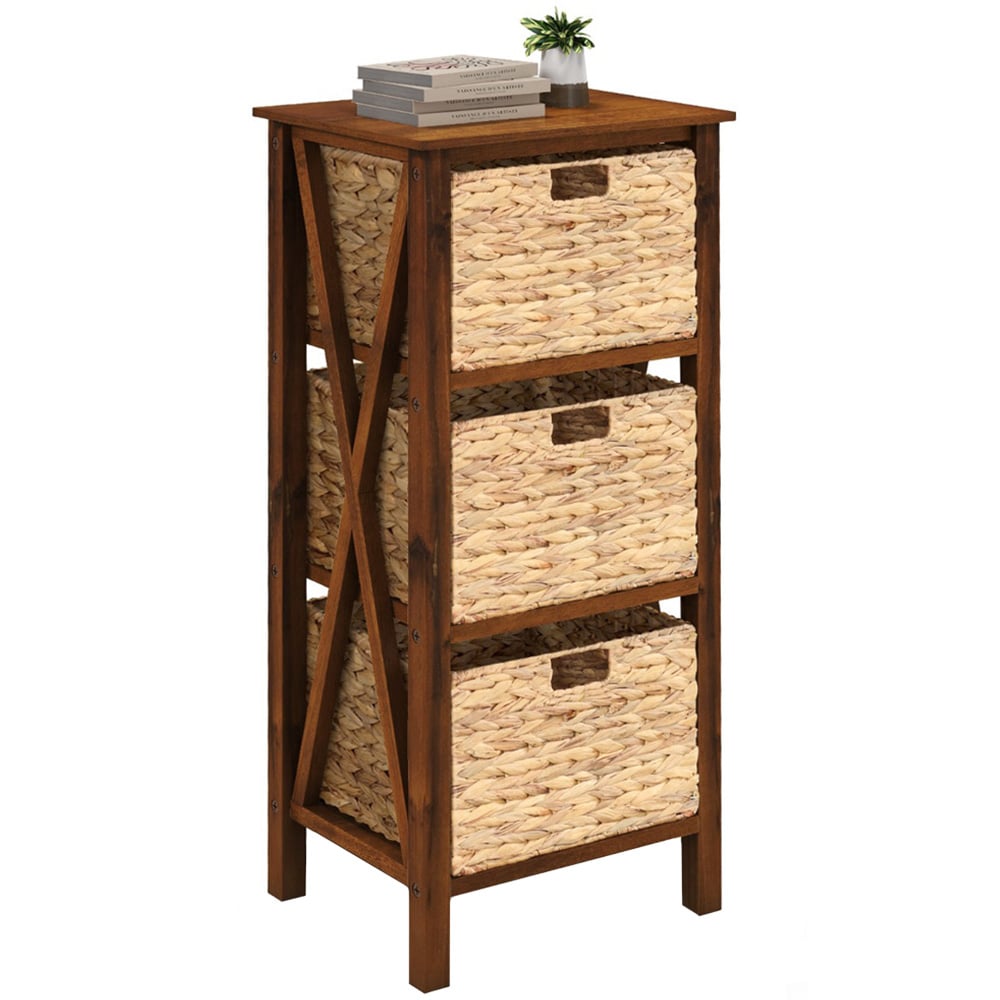 Costway 3 Shelf Rustic Brown Side Table with Seagrass Baskets Image 2