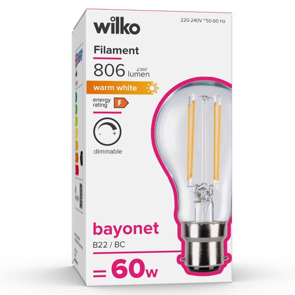 Wilko 1 Pack Bayonet B22/BC LED Filament 806 Lumens Standard Dimmable Light Bulb Image 1