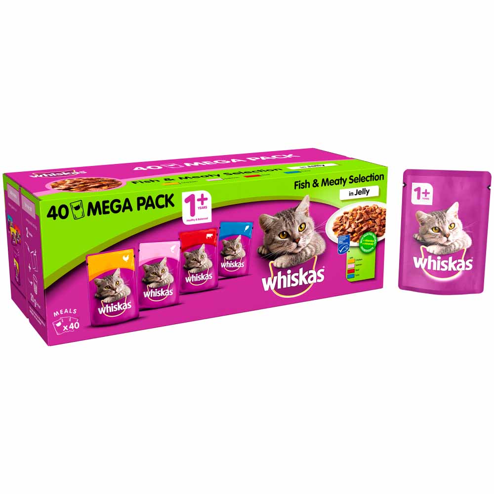 Whiskas Adult Wet Cat Food Pouches Fish & Meat in Jelly Mega Pack 40 x