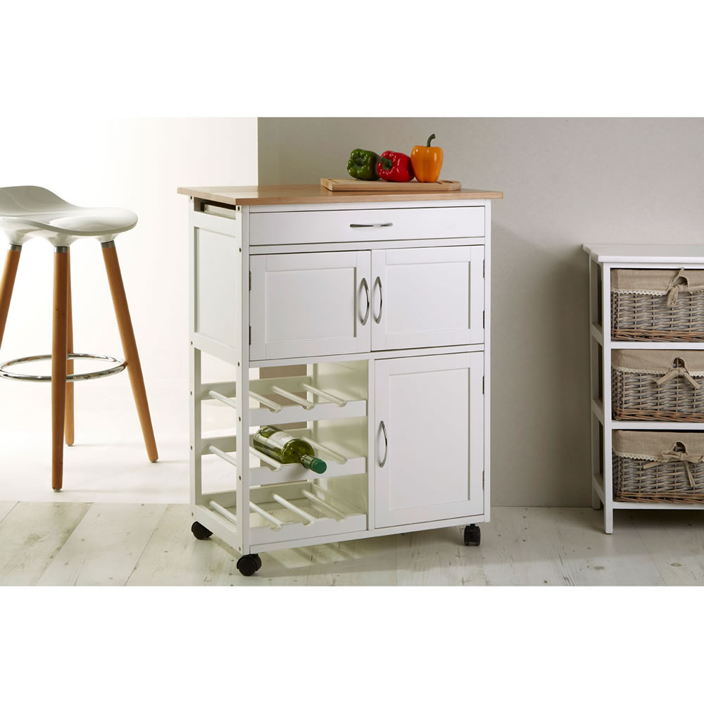 White Kitchen Trolley with 3 Cupboards and Shelves Image 2