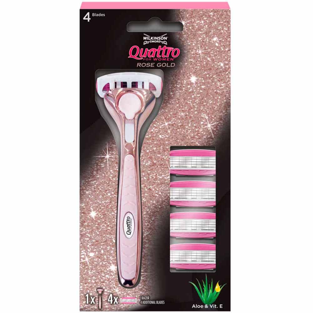 Wilkinson Sword Quattro For Women Rose Gold Value Pack Handle and 4 Refills  - wilko