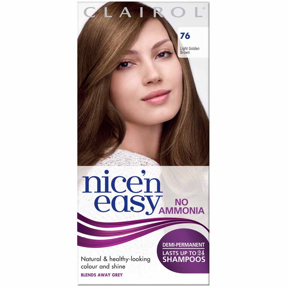 Clairol Nice'n Easy Light Golden Brown 76 Non-Permanent Hair Dye  - wilko Multi tonal, natural looking colour  shine. No ammonia,    lasts up to 24 shampoos. Non-permanent colour, completely   blends away grey.  Warning! Hair  colourants can cause  severe allergic reactions. Always read label before use.Warning! Hair colorants Clairol Nice'n Easy Light Golden Brown 76 Non-Permanent Hair Dye