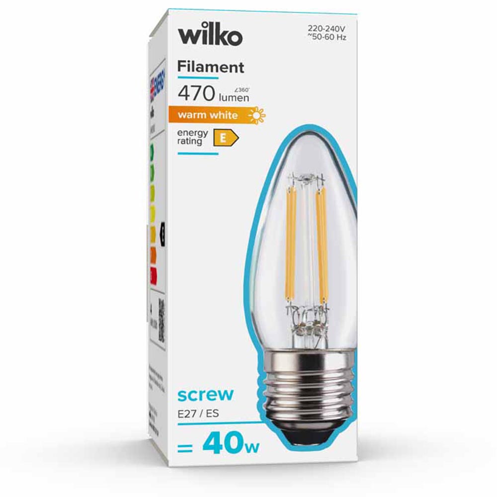 Wilko 1 Pack Screw E27/ES LED Filament 470 Lumens Candle Light Bulb Image 1
