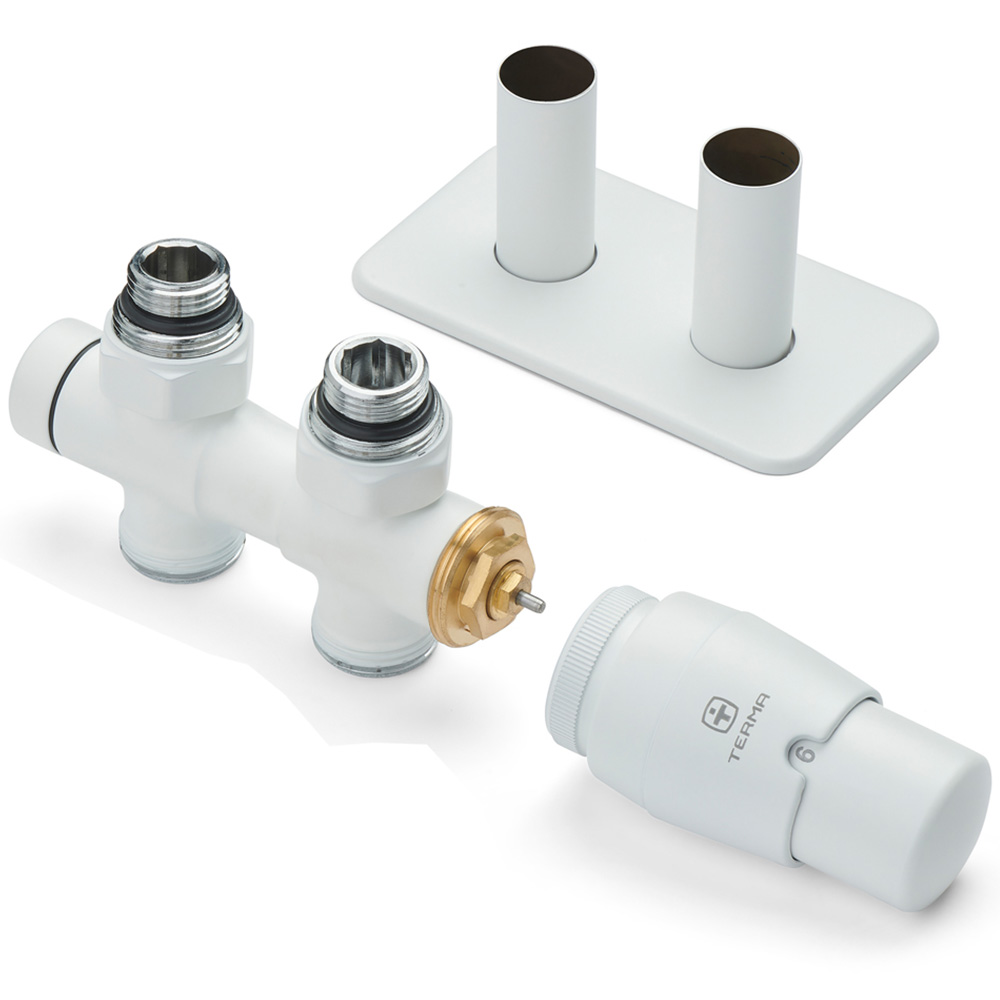 Terma Vario Sparkling Matt White Twins Straight Integrated Thermostatic Radiator Valve Set 50mm Image 4