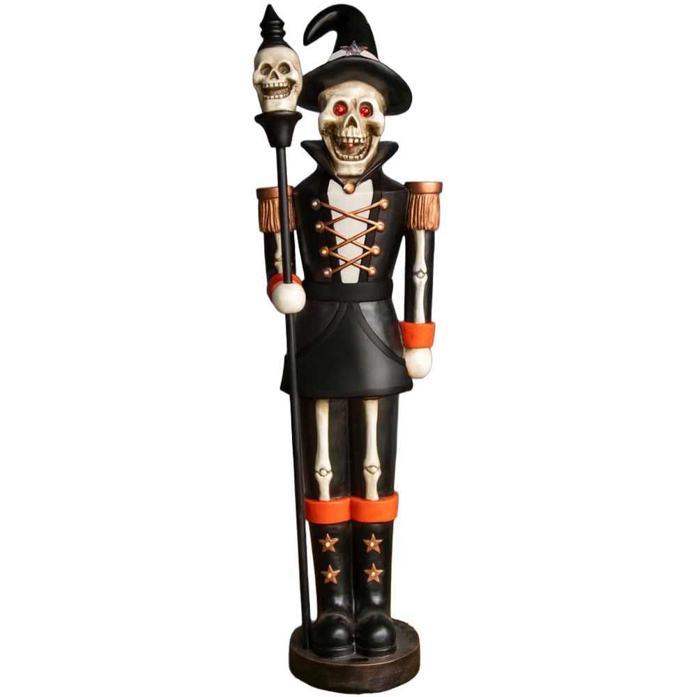 Black and Orange Nutcracker Skeleton with Skull Staff Halloween Decoration 4ft Image 1