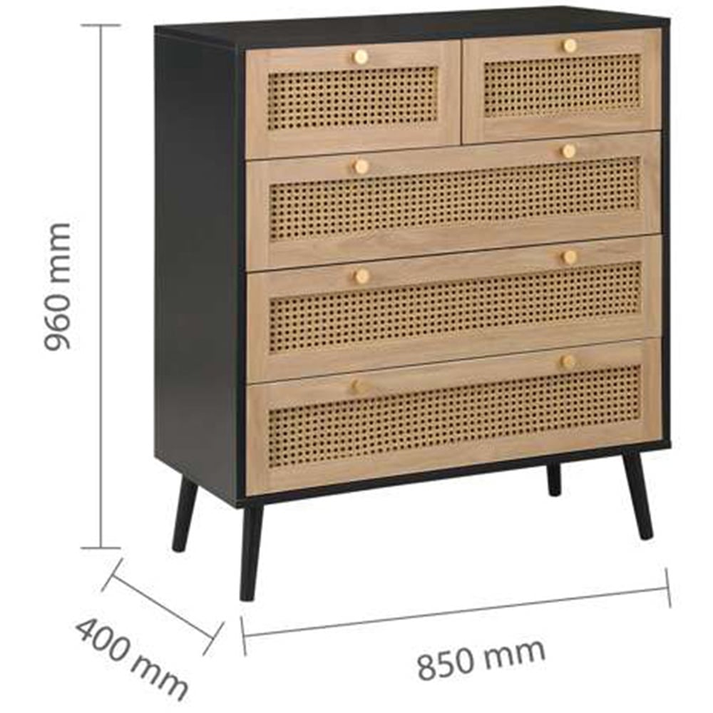 Croxley 5 Drawer Black and Oak Rattan Chest of Drawers Image 9