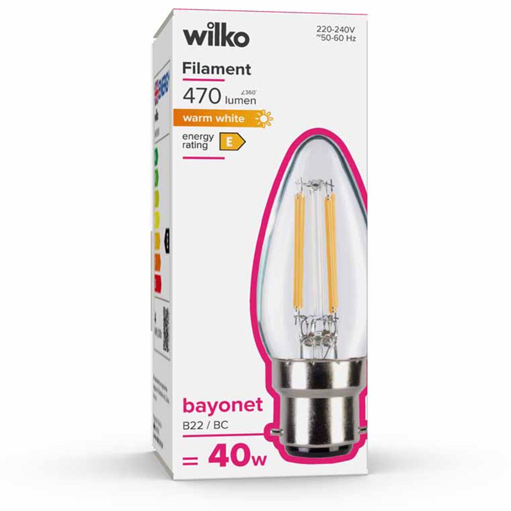Wilko 1 Pack Bayonet B22/BC LED Filament 470 Lumens Candle Light Bulb Image 1