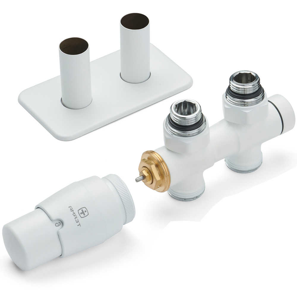 Terma Vario Sparkling Matt White Twins Straight Integrated Thermostatic Radiator Valve Set 50mm Image 3