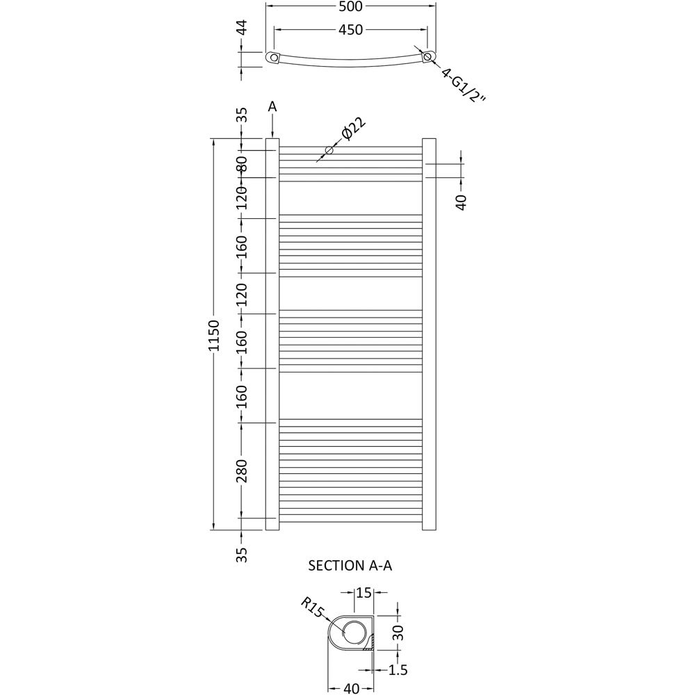 nuie Anthracite Curved Ladder Rail 1150 x 500mm Image 3