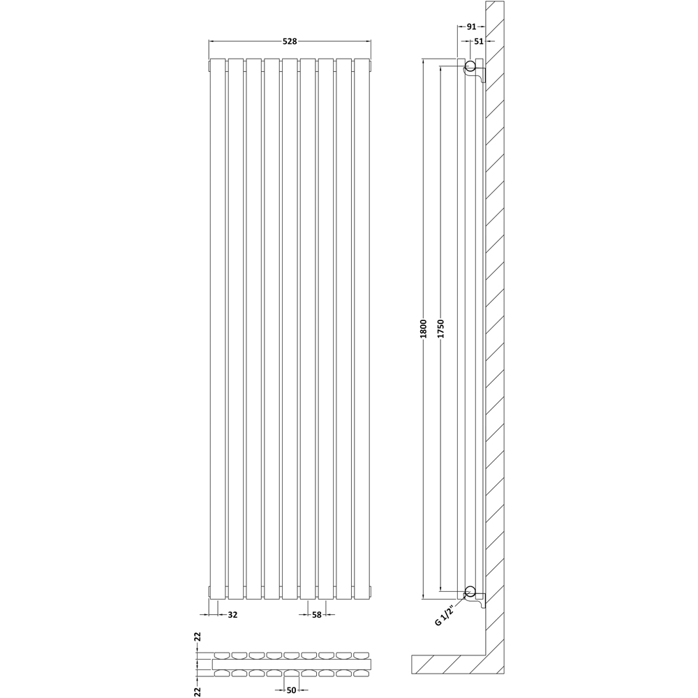 nuie Sloane Vertical Satin White Double Panel Radiator 1800 x 528mm Image 2