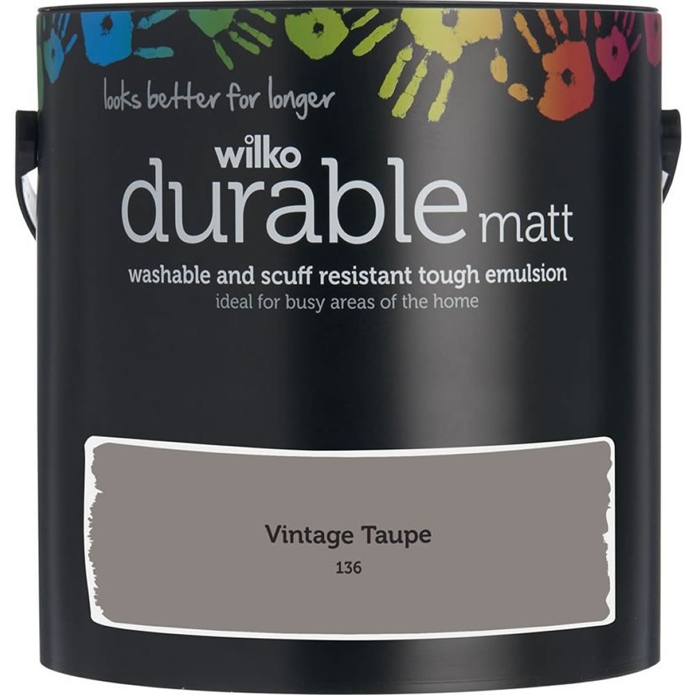 Wilko Durable Vintage Taupe Matt Emulsion Paint 2.5L Image 1