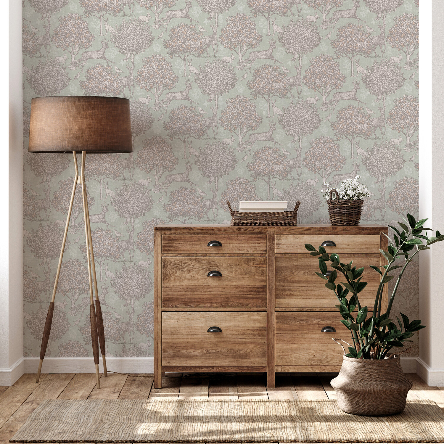 Woodland Scene Wallpaper - Sage Green Image 2