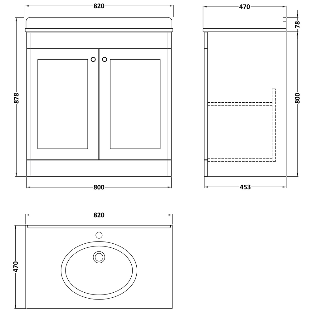 nuie Classique 2 Door Satin White Floor Standing Unit and 1 Tap Hole Marble Top Oval Basin 800mm Image 3