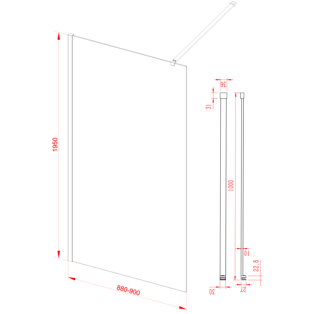 Bathstore Nero Fluted Glass Wetroom Shower Panel with Matt Black Profile and Front Arm 900mm Image 5