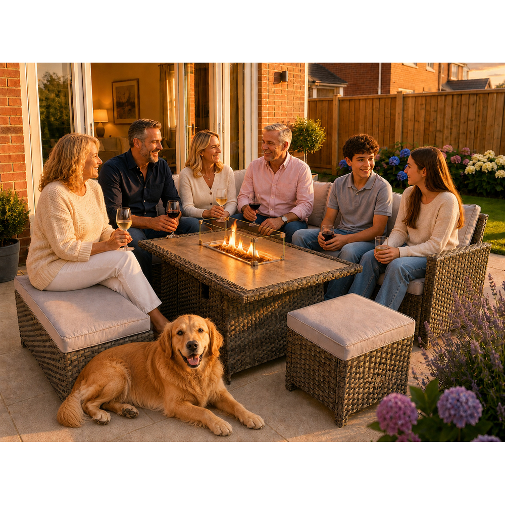 Outdoor Living The Maldives Rattan 9 Seater Gas Firepit Corner Dining Set Grey Image 4